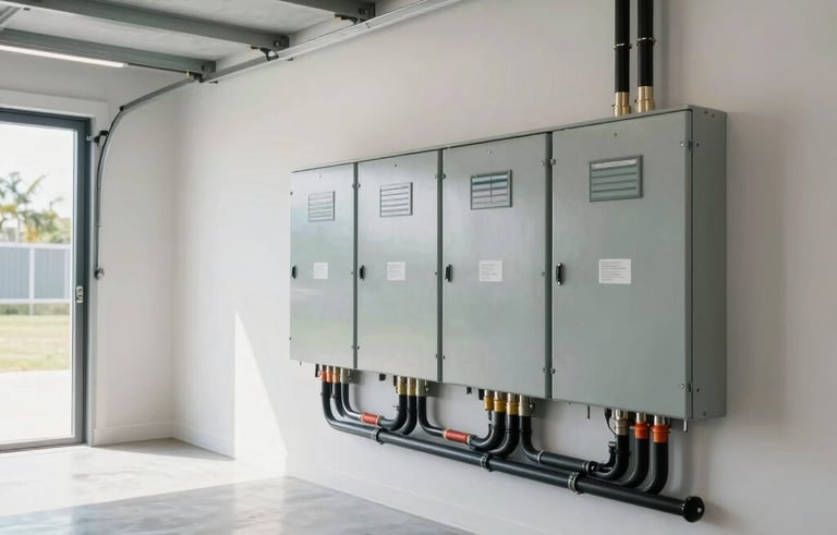 A wide angle shot of a clean, brightly lit garage in a North American / US (Florida) home, featuring a modern, meticulously labeled electrical service panel and organized conduit runs.