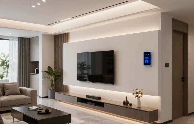 Interior photography of a sleek, modern Orlando living room with architectural LED cove lighting and smart dimmer switches, clean lines and organized layout, North American / US (Florida).
