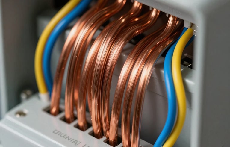 Macro photography of perfectly organized copper wiring within a modern electrical panel, showcasing clean lines and precision, bright electric blue and yellow wire insulation, professional studio lighting, North American / US (Florida) standards.