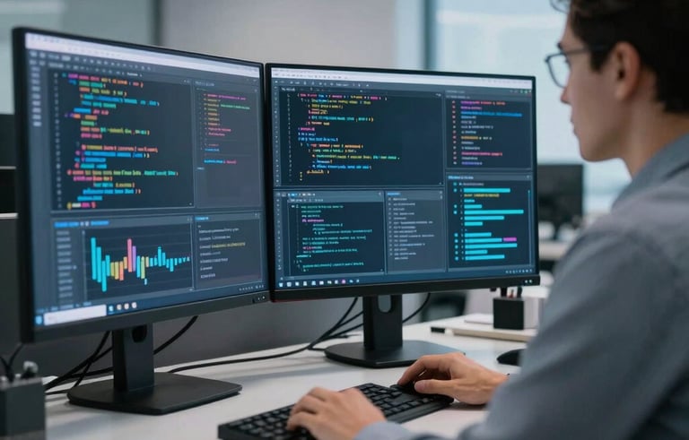 A sleek, professional North American office environment where a specialist is monitoring high-resolution screens displaying complex data visualizations and code. The scene is illuminated with modern slate blue and sky blue ambient lighting, emphasizing cutting-edge technology and precision.