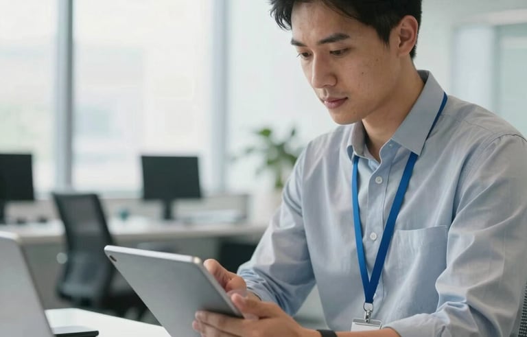 A professional North American tech consultant in a brightly lit, modern office space using a tablet to review accessibility and security protocols. The color palette features light grays and sky blue accents, creating an atmosphere of reliability.
