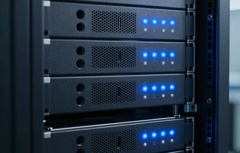 Close-up photography of a high-performance server rack in a secure data center, glowing with soft dark blue and slate blue indicator lights. The style is clean and industrial, representing robust performance and reliability.
