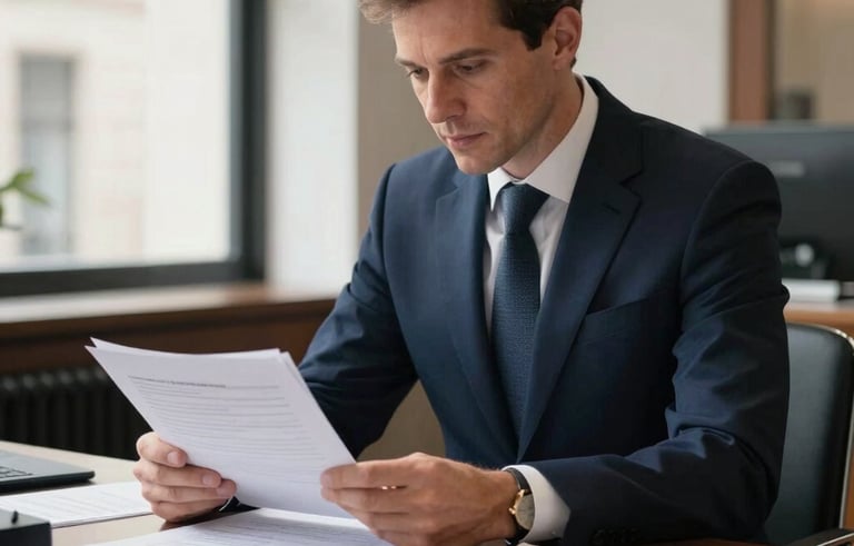 A professional financial advisor in a sophisticated London office, wearing a deep navy suit, looking at documents on a clean desk. The lighting is bright and natural, reflecting a trustworthy British financial services atmosphere.