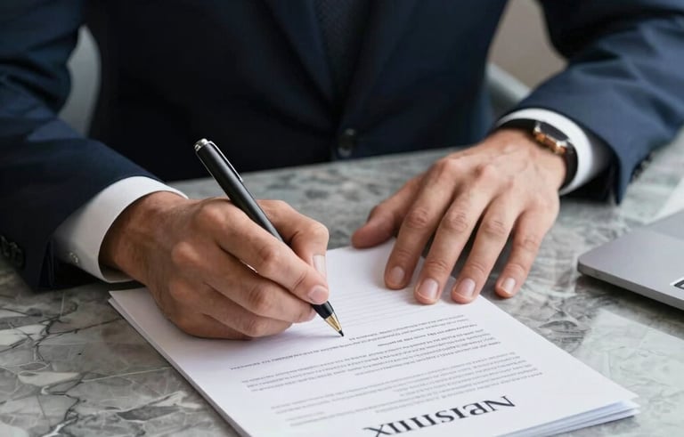 A close-up photography shot of professional hands signing a strategic financial agreement on a polished marble surface. Sophisticated atmosphere with deep navy and silver grey tones, United Kingdom corporate setting.