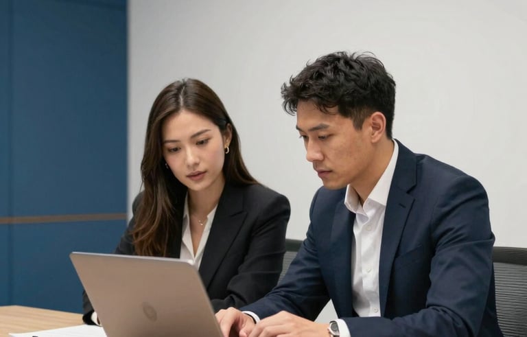 Two focused professionals in business attire collaborating over a laptop in a modern meeting room in Essex, United Kingdom. The scene is professional and innovative, with steel blue and pearl white accents in the decor.