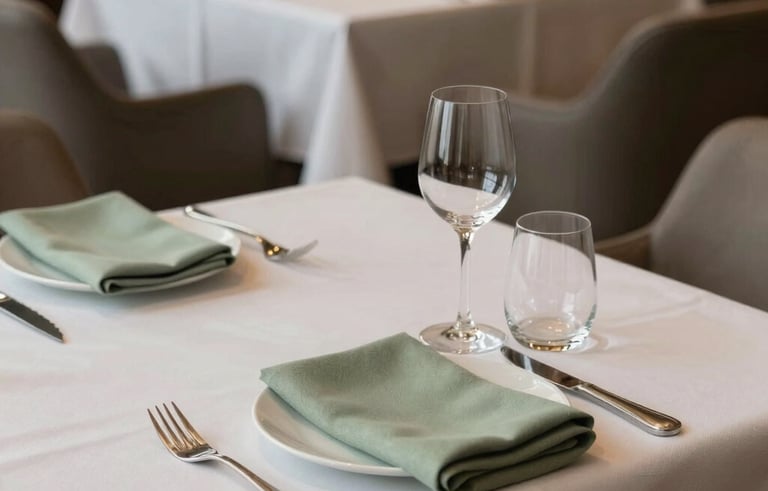 A tranquil fine dining restaurant scene in a Turkish boutique hotel. Minimalist table setting with off-white linens, delicate sage green napkins, and natural light. Sophisticated atmosphere.