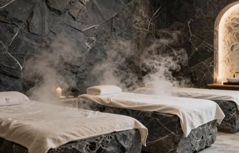 A luxury spa area with steam and soft lighting. Natural stone textures in charcoal and off-white colors. A serene Turkish / Anatolian wellness setting for relaxation.