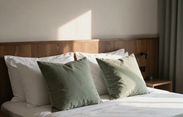 A sophisticated hotel room interior in Anatolia with a minimalist aesthetic. Soft morning light illuminates high-quality linens, sage green pillows, and simple dark wood furniture. Professional architectural photography style.