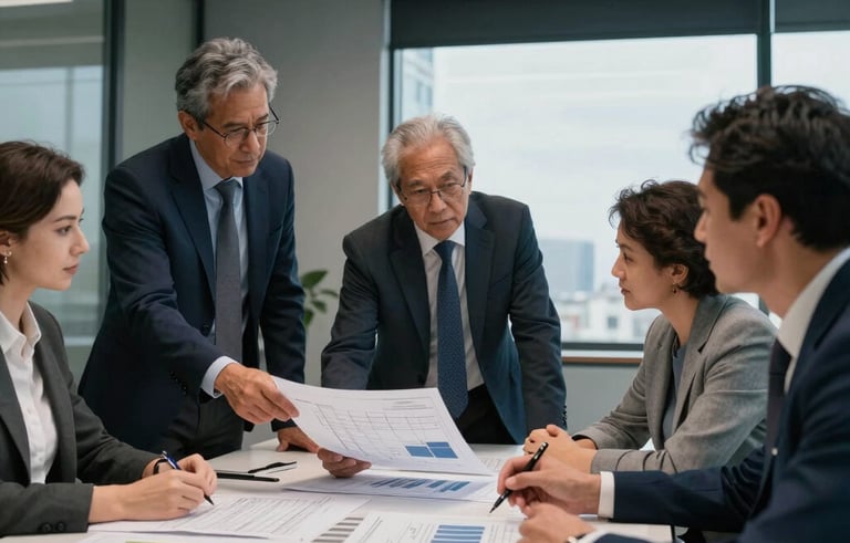 An executive meeting in a high-rise office in Spain. Professionals are reviewing financial projections and technical blueprints for an energy efficiency project. Sophisticated lighting, carbon gray and navy blue accents.