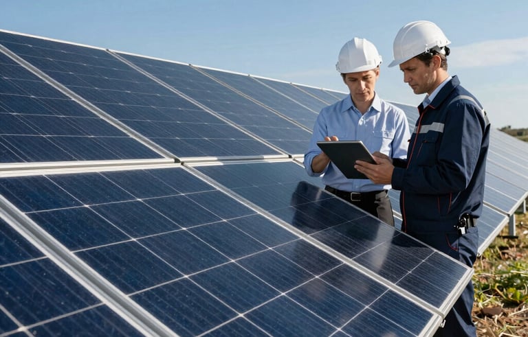 A field of modern photovoltaic solar panels in a European landscape. Technical precision shown through sharp lines and clear blue sky. A professional engineer examines a tablet nearby. Corporate navy and white color palette.