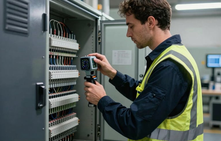 Professional engineering audit in a modern industrial facility in Spain. An engineer in a reflective vest uses a high-precision measuring device to analyze electrical panels. Professional lighting, deep navy and carbon gray tones, high-tech atmosphere.