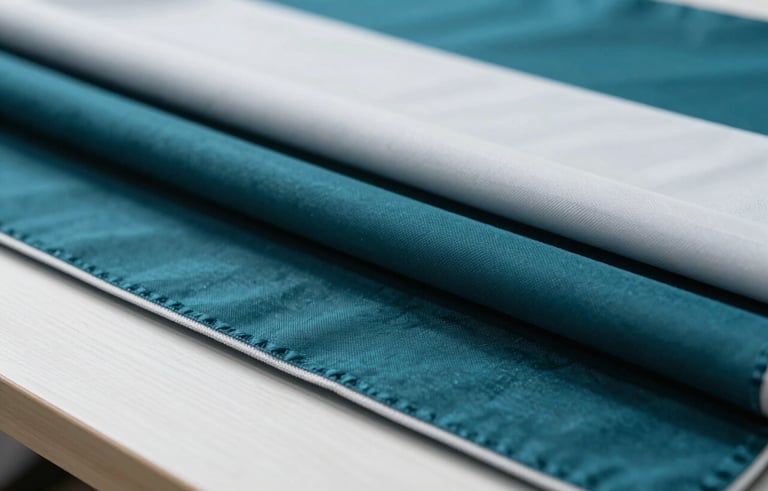 A close-up photograph of high-performance technical fabrics for all-weather tents. The lighting is bright and modern, emphasizing the weave and premium finish of the material in shades of deep teal and mist white. Global / Western professional factory setting.