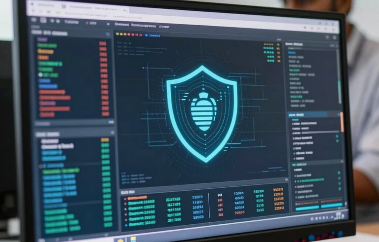 A close-up photography shot focusing on a high-definition monitor in a modern office in Pune, India. The screen displays complex data encryption patterns and a digital shield icon, with a South Asian / Indian professional visible in the soft background blur.