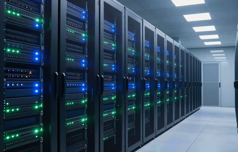 A professional photography shot of a modern, clean data center in Pune, India. High-tech server racks with glowing blue and green status lights line a sleek corridor. The atmosphere is professional and secure with cool blue ambient lighting, reflecting cutting-edge technology and reliability.