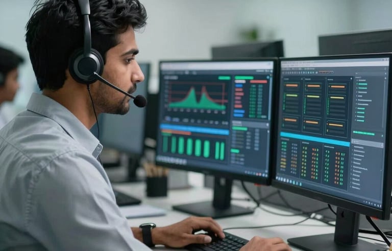 A professional and bright technical support office in Pune, India. A South Asian / Indian IT engineer wearing a headset is focused on multiple computer monitors showing server health analytics, illustrating 24/7 reliability and expert support.