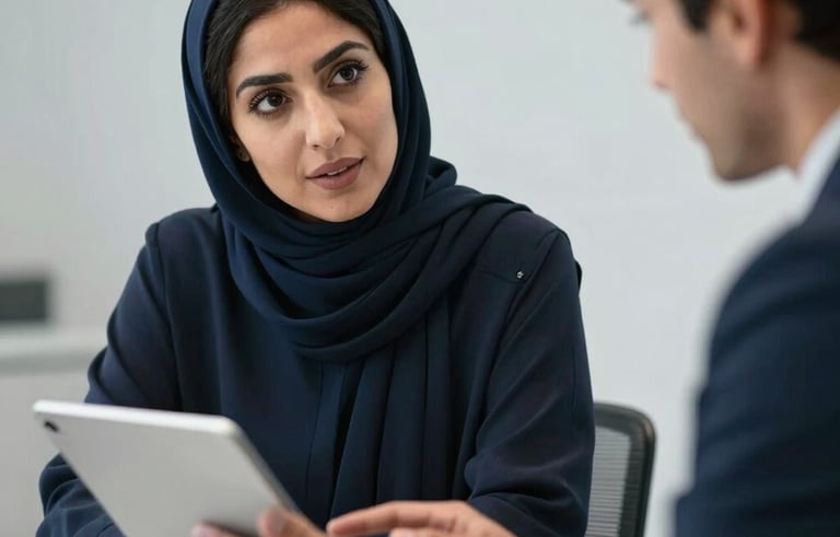 Professional Middle Eastern woman in a modern agency setting, discussing e-commerce data on a tablet with a colleague. Sophisticated indoor lighting, Navy and Light Grey background.