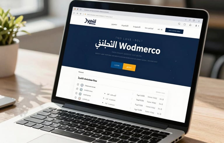 Clean, modern workspace in a Middle Eastern office setting, focusing on a laptop screen showing a high-performance WooCommerce checkout page with Arabic text. Natural sunlight, digital sophistication, Navy and Off-white color palette.