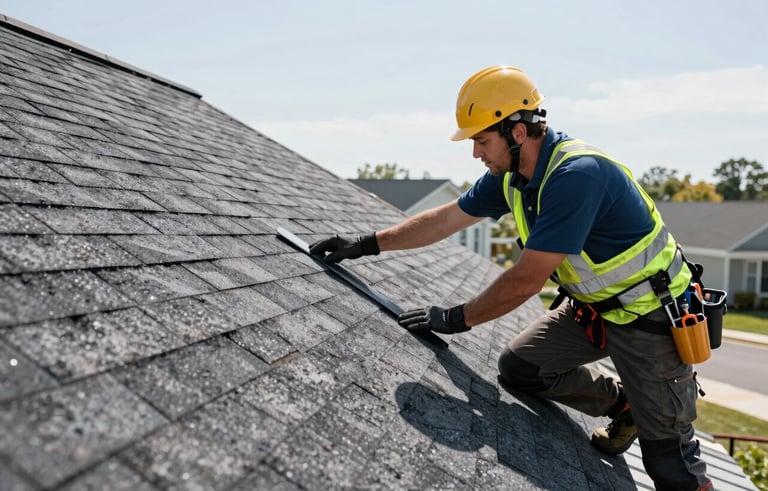 Photography of a professional roofer in North American / US safety gear inspecting charcoal gray asphalt shingles on a suburban roof under bright daylight. Clean and modern aesthetic with deep blue-gray and light gray accents.