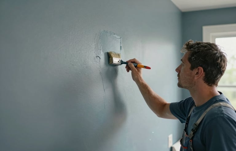 Photography of a residential exterior painting project in a North American suburb. A professional painter uses a brush on a muted blue-gray wall. Expert craftsmanship, soft natural lighting.