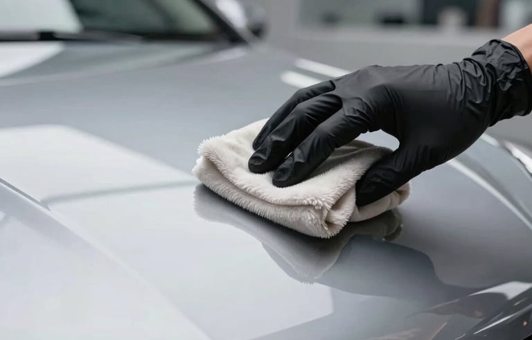 An extreme close-up of a hand wearing a black nitrile glove applying a ceramic coating to a silver car hood with a microfibre applicator. Glossy reflections of a modern detailing studio, international/global context.