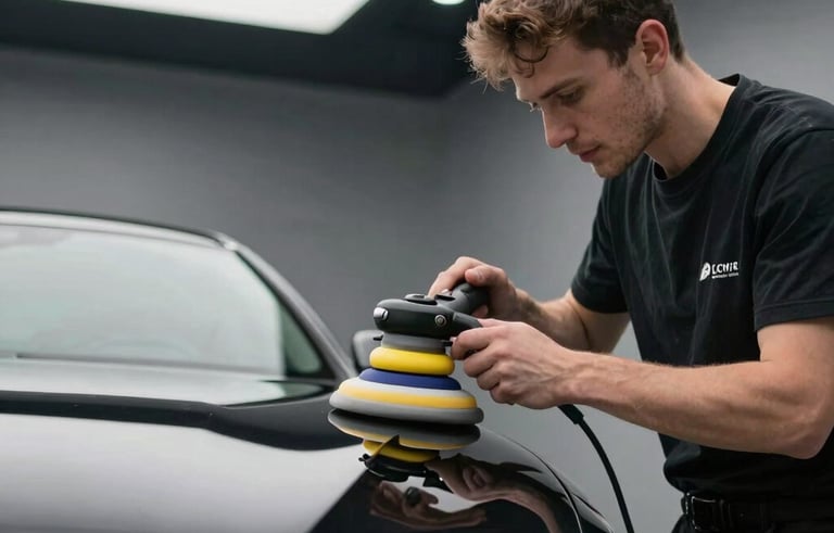 A low-angle professional photograph of a male detailing expert using a dual-action polisher on a black luxury sedan. Bright LED studio lights creating sharp highlights on the metallic surface. International / Global.