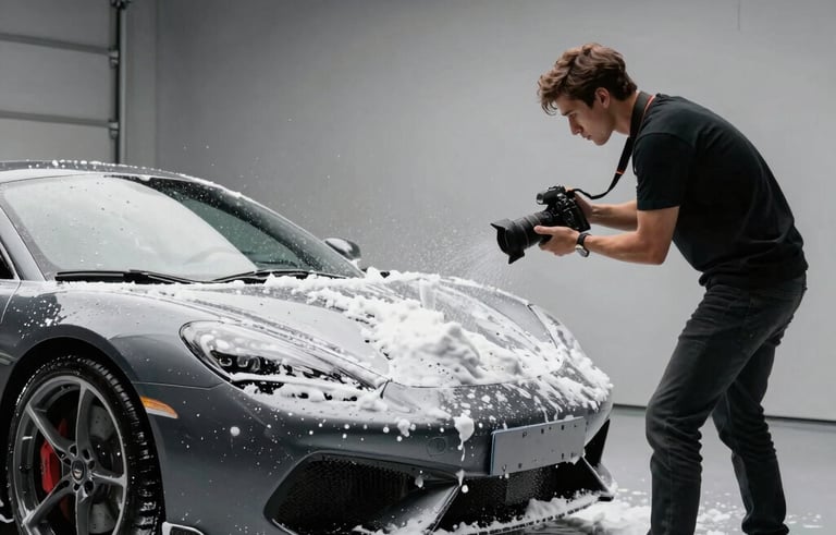 A cinematic wide-angle shot of a male influencer in a high-end garage, holding a professional camera while filming a thick layer of snow foam sliding off a charcoal grey sports car. Natural high-contrast lighting, sleek environment, international/global style.