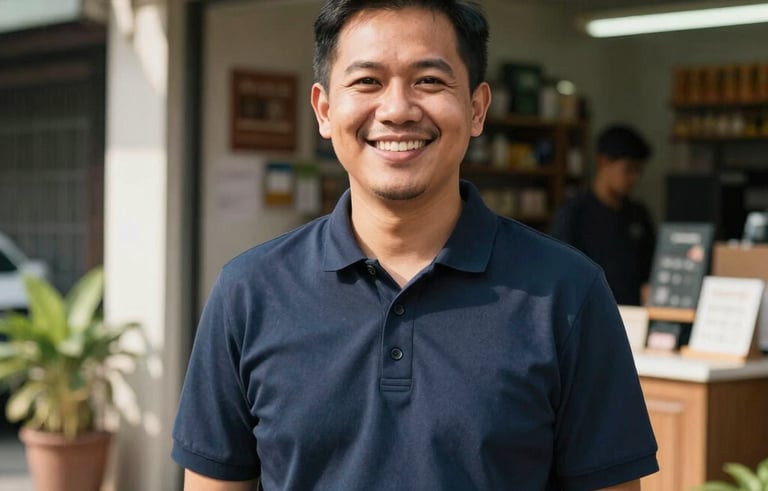 A professional and clean photograph of a friendly Southeast Asian / Malaysian small business owner smiling outside their shop in a local neighborhood, warm natural sunlight, professional photography style.