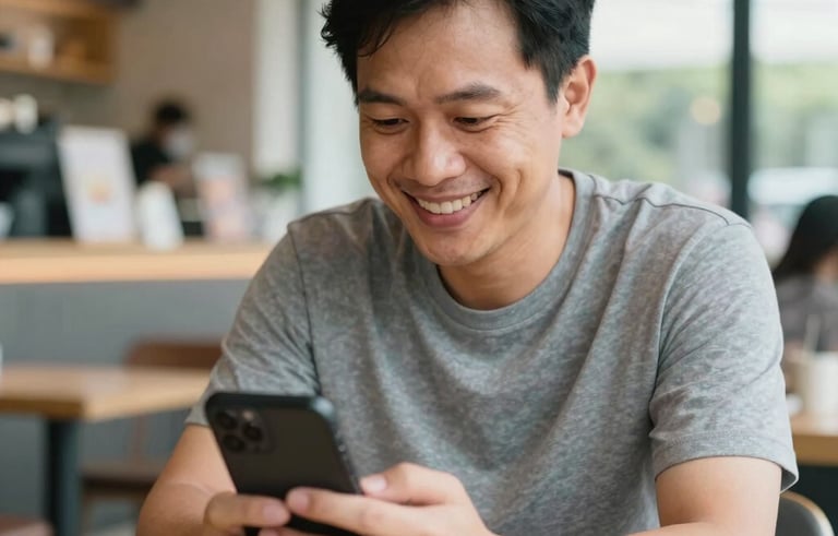 A happy Southeast Asian / Malaysian adult looking at their smartphone with a relieved smile while sitting in a clean, modern cafe environment, soft daylight lighting.