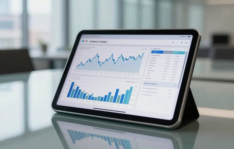 A professional tablet lying on a glass conference table in a modern corporate building in La Défense. The screen displays detailed financial charts and analytics in a clean, modern layout. Bright, airy, and efficient lighting in a French business hub.