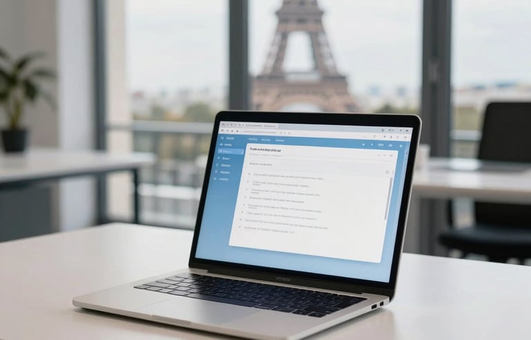 A high-end, bright office in Paris with a focus on a minimalist desk. A sleek laptop displays a clean interface with Very Light Blue and Off White accents. Soft natural light from a large window, creating a professional European atmosphere.