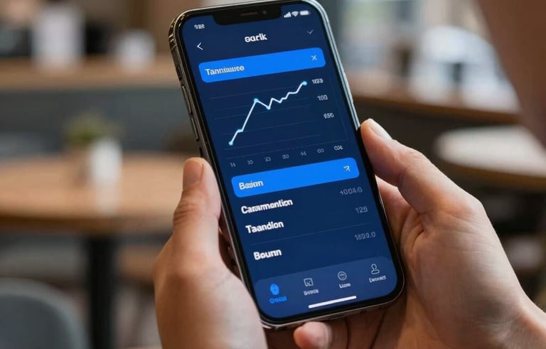 A close-up of a person's hands holding a premium smartphone in a modern cafe in Lyon. The screen shows a sophisticated financial tracking application with Midnight Blue and Bright Blue accents. Shallow depth of field, European setting.