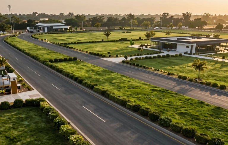 A wide photography shot of a pristine land development project in Gurugram, showing green manicured boundaries and modern asphalt roads, South Asian / Indian landscape, golden hour lighting, symbolizing high-value investment and trust.