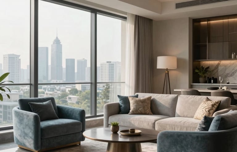 A photography of a sophisticated luxury apartment interior in Gurugram, featuring modern furniture in slate blue and light gray, floor-to-ceiling windows showing a skyline view, South Asian / Indian decor accents, soft natural morning light, highly professional and elegant atmosphere.