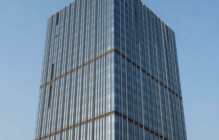 Architectural photography of a contemporary glass office skyscraper in Cyber City, Gurugram, South Asian / Indian urban business district, clear blue sky reflected in the facade, sharp lines and sleek professional aesthetic.