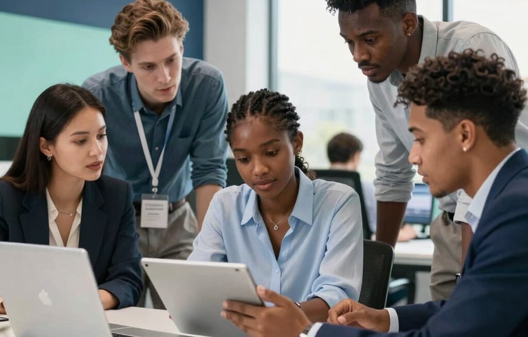 A professional collaborative workspace in Gaborone, Botswana. Diverse young professionals are gathered around a tablet in a bright, modern office with dark blue and mint green accents. The lighting is clean and natural, reflecting a sense of innovation and professional trust.