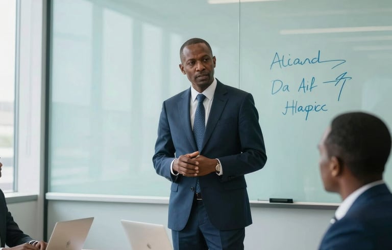 A modern, bright conference room in a Sub-Saharan African city. A business leader presents a strategy on a glass board. The style is sophisticated and authoritative, using pale aqua and muted blue tones.