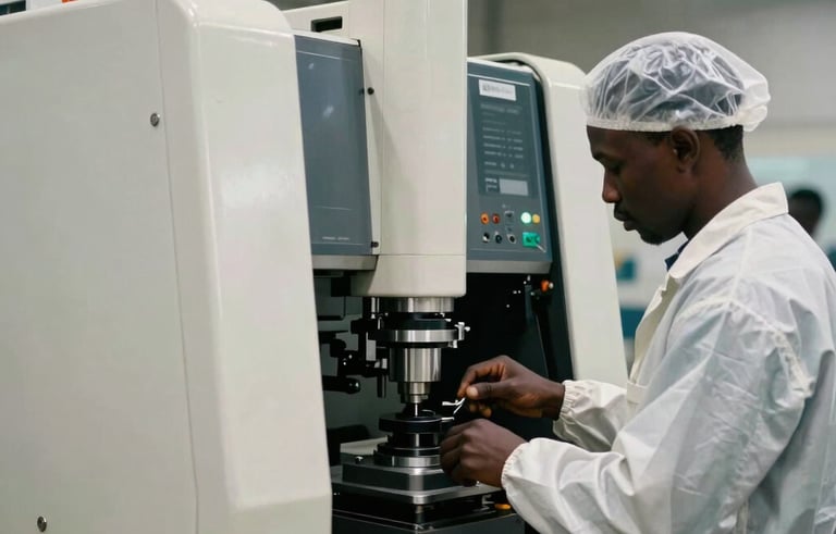 A high-tech manufacturing facility in Sub-Saharan Africa. Professional workers in clean safety gear operating precision machinery. Crisp photography with deep teal shadows and bright off-white highlights, conveying industrial growth.