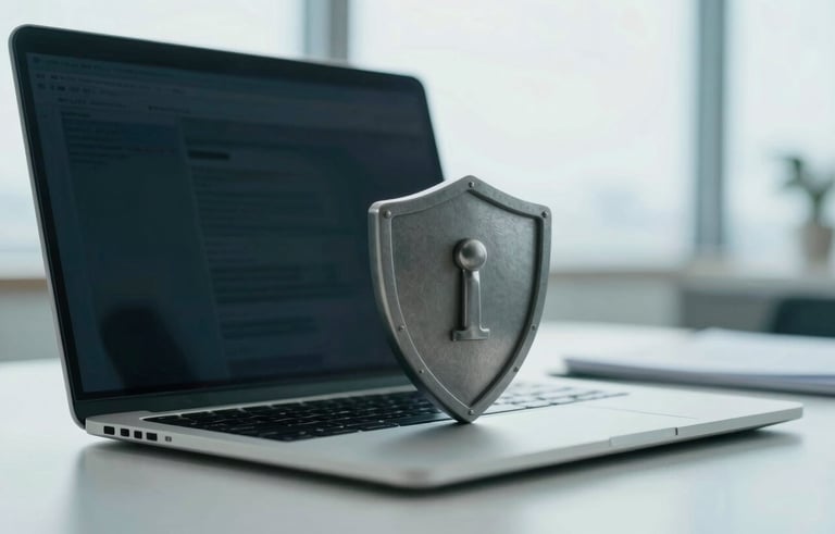 A close-up of a modern workstation in a South American corporate office, featuring a professional laptop and a symbolic physical shield, conveying data security. Clean, minimalist composition with soft morning light, incorporating dark greenish blue and light blue tones.