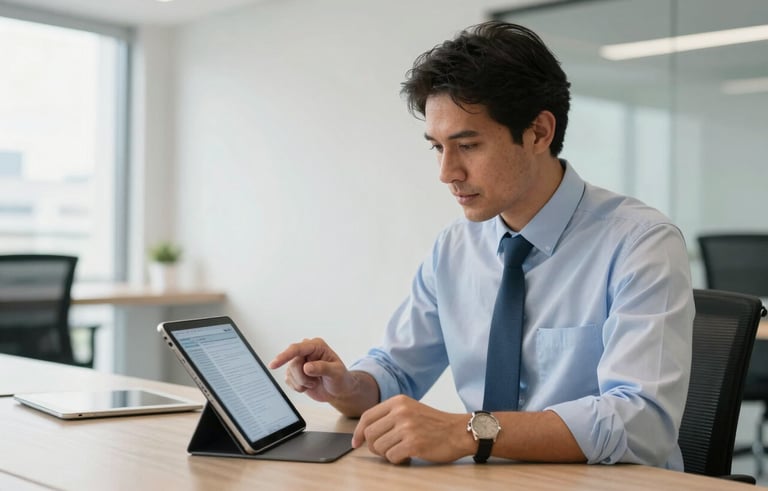 A South American professional consultant in a bright, modern office in Sao Paulo, reviewing digital documents on a sleek tablet. The atmosphere is professional and modern, using off-white and grayish blue accents.