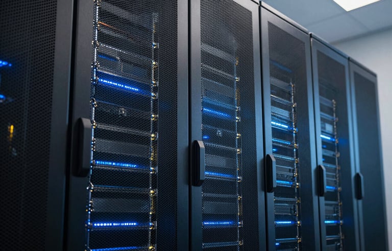 High-tech server room background with subtle blue lighting, representing advanced data protection and modern infrastructure. Professional photography, South American business context, sharp focus on technology.