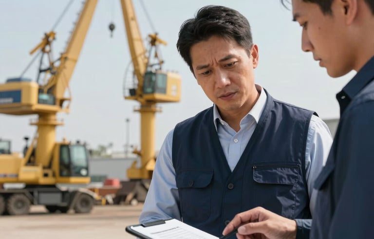 A professional consultant in a navy vest and a client reviewing digital documents on a tablet in a North American / US heavy equipment yard. Large industrial cranes are blurred in the background under a light blue sky.