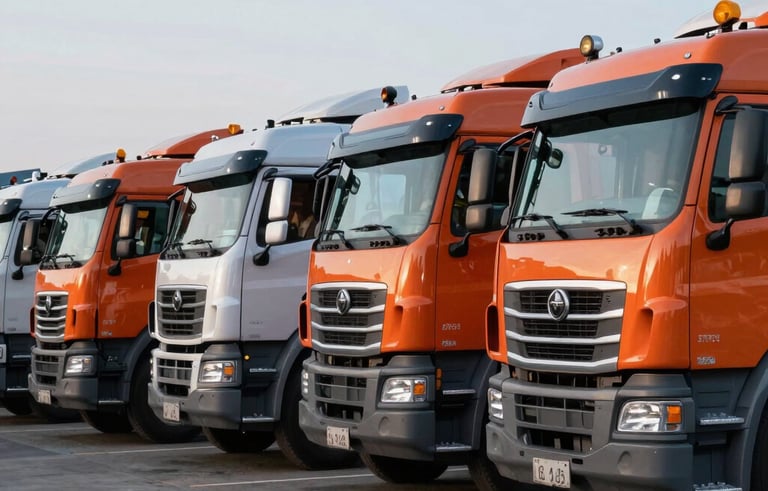 A fleet of high-quality, modern heavy duty trucks and earthmovers parked in a clean row at a North American / US logistics facility. The lighting is soft and professional, emphasizing the orange and steel blue colors of the machinery.