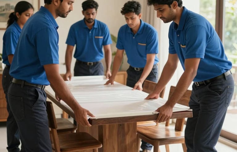 A group of professional movers in blue and charcoal uniforms carefully wrapping a wooden dining table in a bright South Asian home. The lighting is warm and natural, conveying a sense of care and trust.