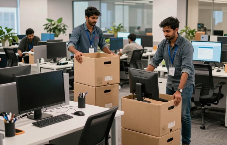 A modern office space in a South Asian tech hub being efficiently packed. Movers are carefully organizing computer monitors and ergonomic chairs into secure, labeled crates.