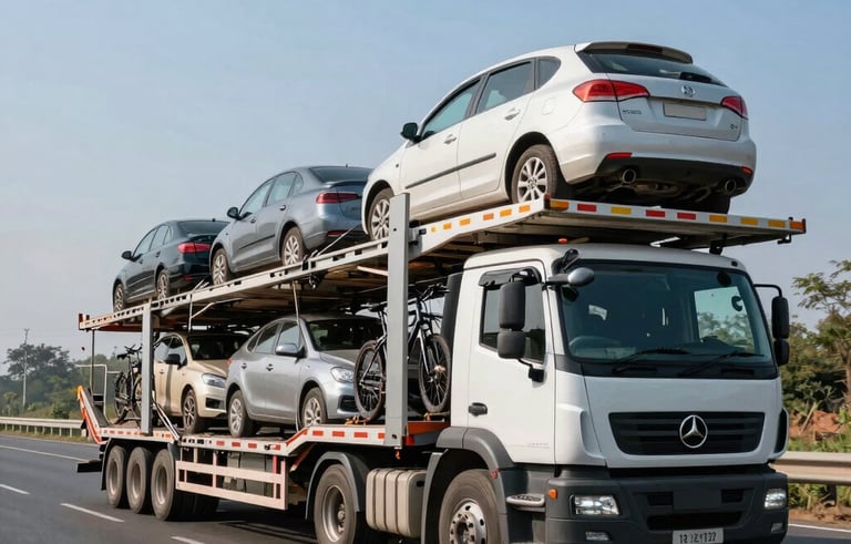 A large vehicle carrier truck safely transporting cars and bikes on an Indian highway under a clear blue sky. Professional composition highlighting reliability and transit safety.