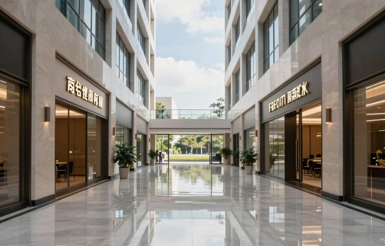 A wide-angle professional photograph of a pristine, high-end South East Asian commercial building hallway. The floors are polished to a mirror shine, reflecting soft sky blue and white light, showcasing premium facility management.