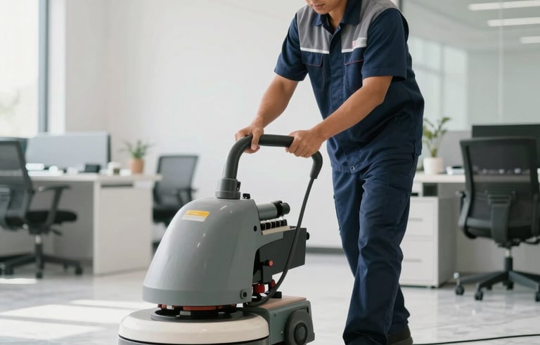 A South East Asian / Indonesian cleaning professional in a modern navy blue and gray uniform using an industrial floor polisher on a marble floor in a bright, modern office space. The lighting is natural and clean.