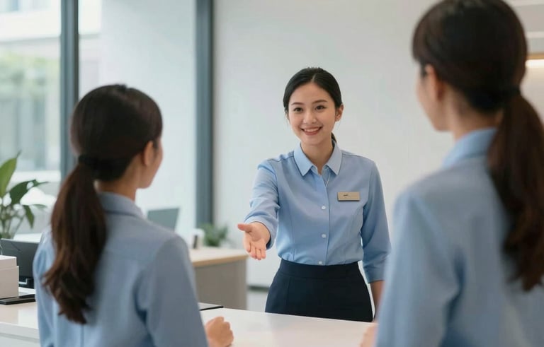 A professional South East Asian / Indonesian office receptionist in a neat uniform greeting people in a modern, brightly lit corporate lobby with glass walls and minimalist furniture. The color scheme features soft blues and whites, creating a trustworthy and professional atmosphere.