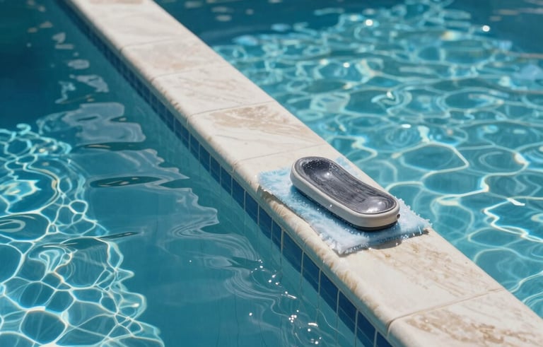 Pristine pool waterline tiles being cleaned, bright reflections on crystal blue water, North American / South Florida backyard, sunny, refreshing aesthetic.