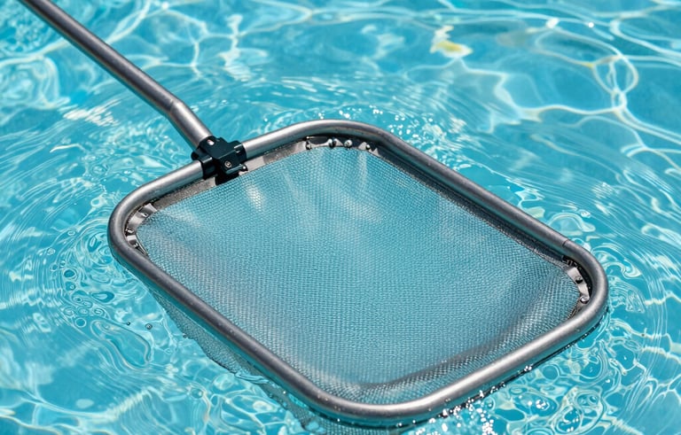 Close-up of a professional pool skimmer net gliding through crystal clear blue water, sunny day, North American / South Florida residential pool, bright lighting, clean aesthetic.